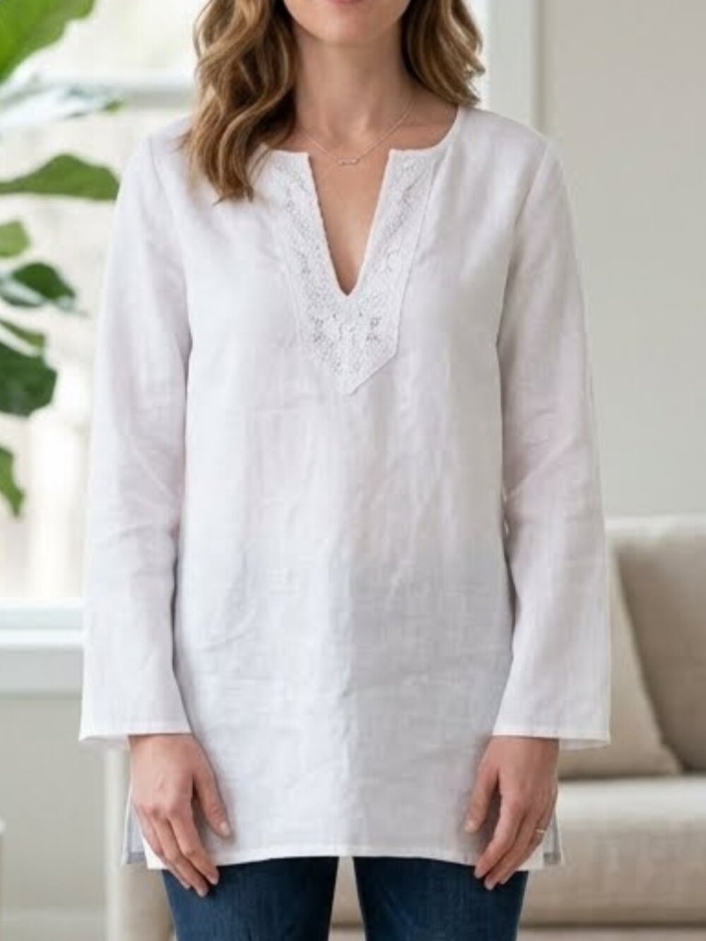 J. Crew Women's White Boho Linen Cotton V-Neck Long Sleeve Tunic Top Cover Up